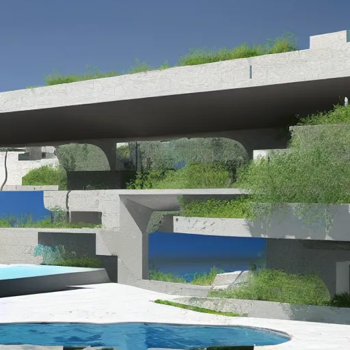 Image similar to architectural rendering of habitat 6 7 in the desert, biophilia mood, pool, garden