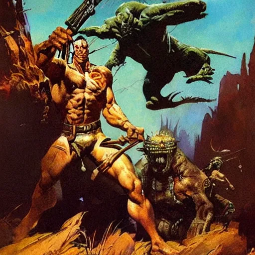 Prompt: turok cover art by frank frazetta