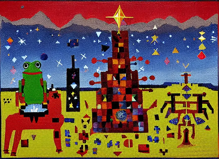 Image similar to pixel decollage painting tarot lovers card composition tower of babel road red armor maggot bear and wonky alien frog skeleton knight on a horse in a dark red cloudy night sky with golden foil jewish stars and diamonds, mountain lake and blossoming field in background, painted by Mark Rothko, Helen Frankenthaler, Danny Fox and Hilma af Klint, pixelated, neo expressionism, semi naive, pastel colors, cinematic, color field painting, cave painting, voxel, pop art look, outsider art, minimalistic. Bill Traylor painting, part by Philip Guston, Amano and Francis Bacon. art by Adrian Ghenie and Storm Thorgerson, very coherent symmetrical artwork, cinematic, hyper realism, high detail, octane render, unreal engine, Smooth gradients, depth of field, full body character drawing, extremely detailed, 8k, extreme detail, intricate detail, masterpiece