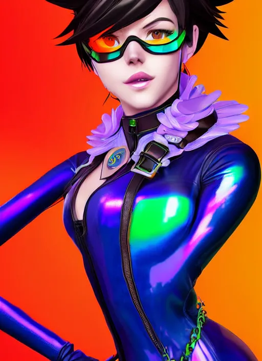 Image similar to portrait bust digital artwork of tracer overwatch, wearing iridescent rainbow latex and leather straps catsuit outfit, neon makeup, in style of mark arian, angel wings, wearing detailed leather collar, chains, black leather harness, detailed face and eyes,
