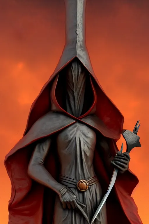 Image similar to a statue of a hooded cultist is holding a bloody knife in one hand and a tomato on the other, by patrick mcenvoy and michael komarck and fantasy flight, incredible quality, trending on artstation