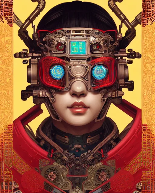 Image similar to portrait of a cyberpunk machine, machine face, upper half portrait, decorated with chinese opera motifs, asian, fine china, wuxia, traditional chinese art, intricate, elegant, highly detailed, symmetry, headpiece, digital painting, artstation concept art smooth sharp focus, illustration, art by artgerm and greg rutkowski alphonse mucha 8 k