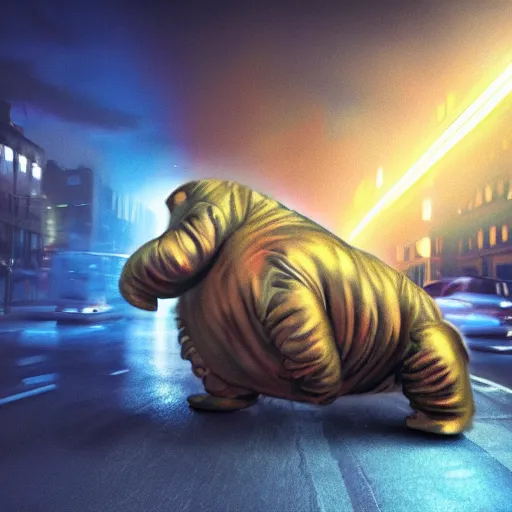 Image similar to tardigrade attacking new york, dramatic lightning, golden hour, cinematic