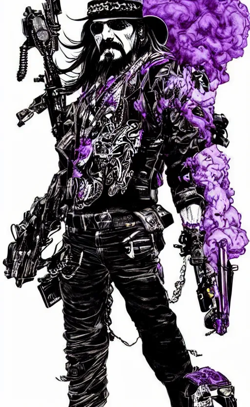 Image similar to full body portrait of lemmy killmeister with a lot of purple smoke!!!, concept art, sumi - e style, intricate linework, artstation, trending, highly detailed, smooth, focus, art by yoji shinkawa and glenn fabry,