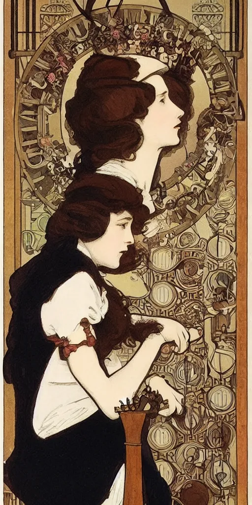 Image similar to a young edwardian woman playing chess, in the style of mucha