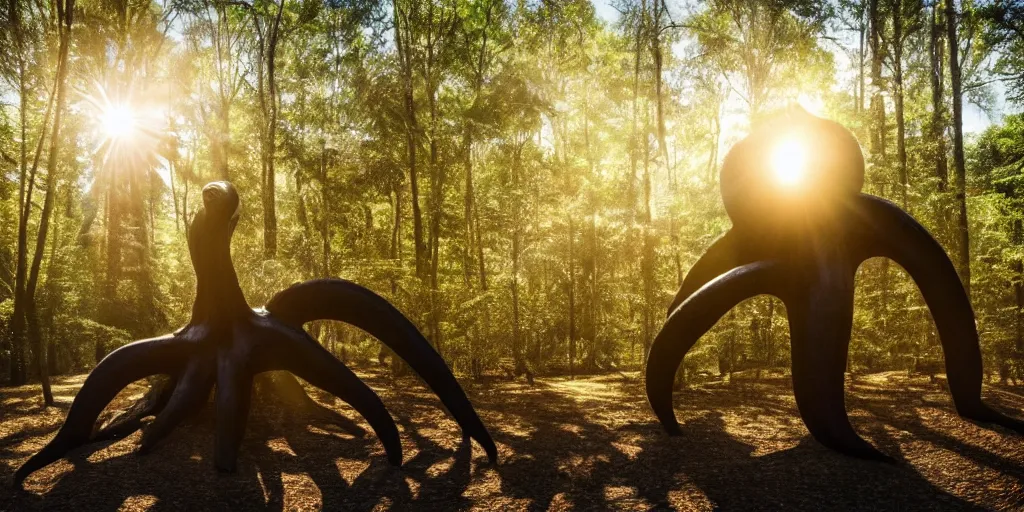 Prompt: a highly detailed giant black octopus god in the middle of a forest, winding around trees, beautiful ambient light, sun rays hitting the slightly transparent creature, 8k photography