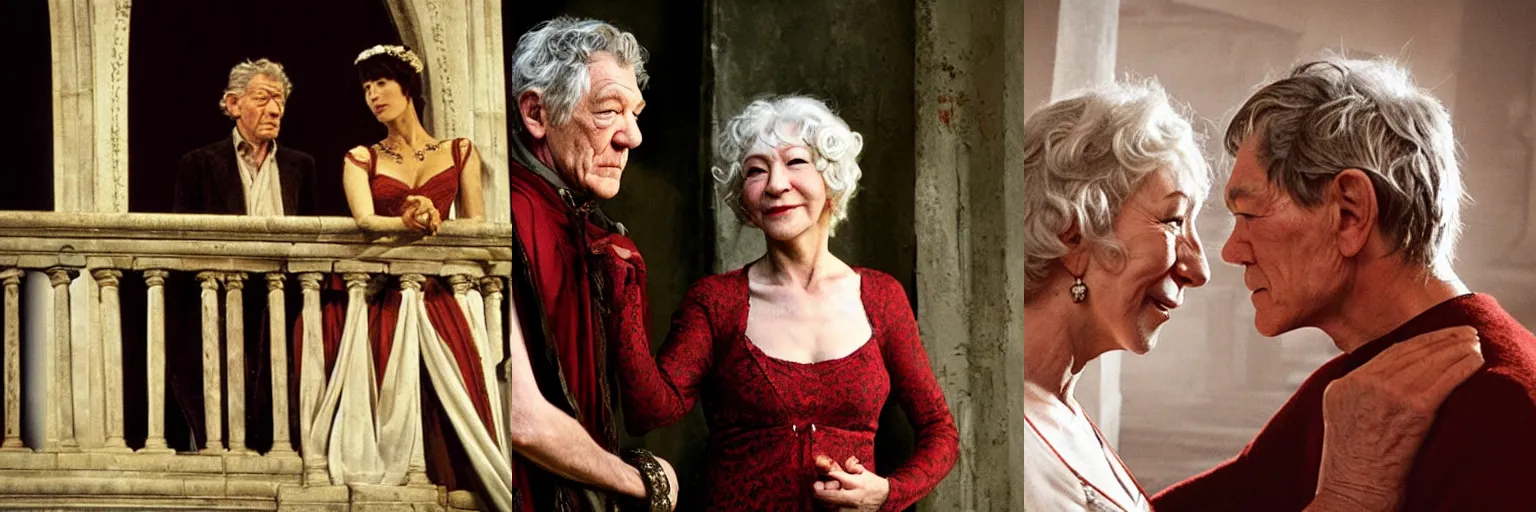 Prompt: Ian McKellen as Romeo and Hellen Mirren as Juliet in the balcony scene, award winning photo