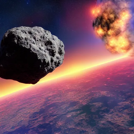 Image similar to Render of a huge asteroid impacting the Earth, detailed, textured, vivid colors, colorful, photorealistic, high dynamic range, HDR, trending on Artstation, Unreal Engine 4k