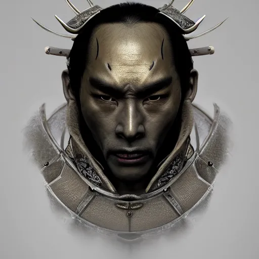 Prompt: centered detailed portrait of a scary samurai, beast, realistic character concept, identical eyes, gazing eyes, elegant pose, fantasy, illustration, slender symmetrical face and body, artstation, cinematic lighting, hyperdetailed, cgsociety, 8 k, tom richmond, single face, octane render, golden ratio, vfx, postprocessing, alluring