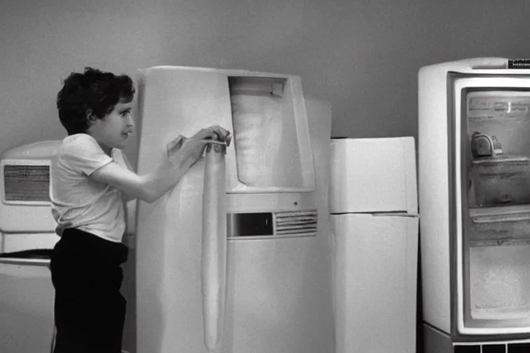 Prompt: an ice cream cone opening a fridge filled with a river, from 1 9 8 5, bathed in the glow of a crt television, crt screens in background, low - light photograph, scene from a ridley scott 6 6 6 6 6 6