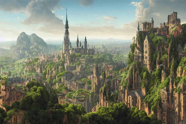 Image similar to an ultra detailed matte landscape painting of an german renaissance capital city built into the side of a mountain with many tall spirally towers, sweeping vista, german renaissance architecture, ultrawide lens, aerial photography, 8 k, volumetric lighting, smooth, highly detailed, digital illustration, art by greg rutkowski and akira toriyama and artgerm