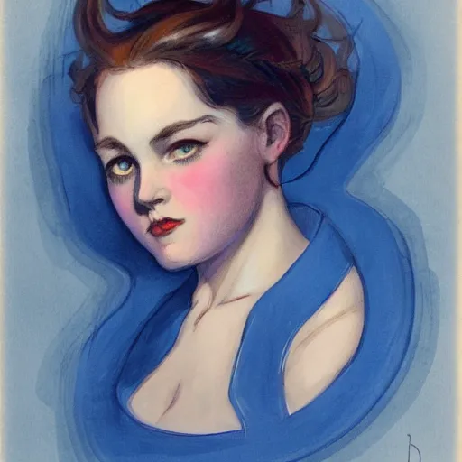 Image similar to a portrait in the style of charles dana gibson and in the style of peter mohrbacher. big blue eyes.