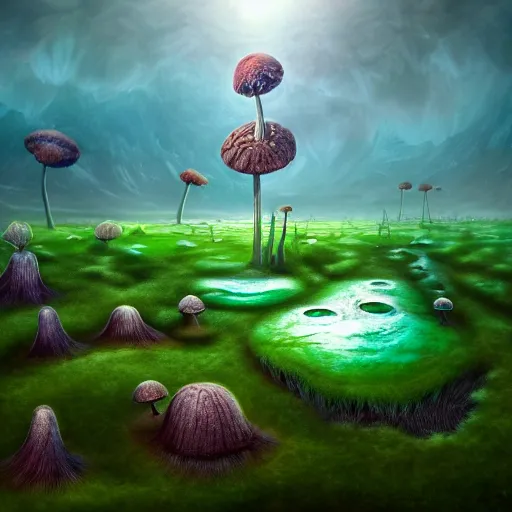 Prompt: surreal fungal realm, multidimensional, fantasy, trending on artstation, beautiful, landscape, weird, valley, field, liquid