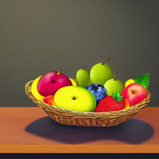 Prompt: a fruit basket on top of a kitchen table, digital art