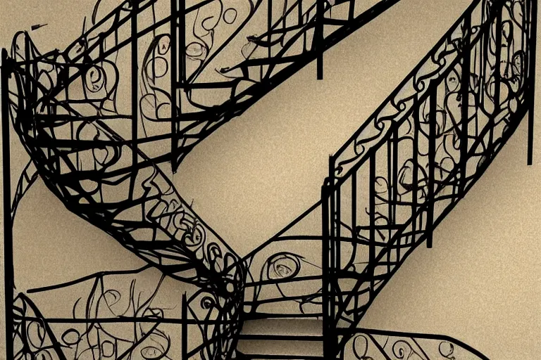 Prompt: wrought iron staircase, mc escher style, organic, art nouveau, 3d render
