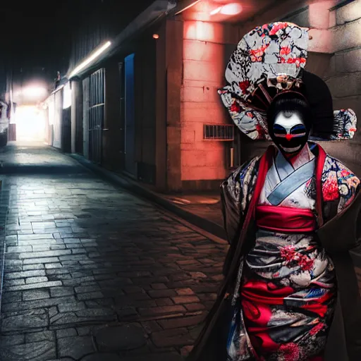 Image similar to a hyper realistic stunningly cyborg tradition geisha photograph, covering face with a intricate sci - fi fan, in a dark street, metal gear solid, dark moody backlighting, ray tracing, octane render,