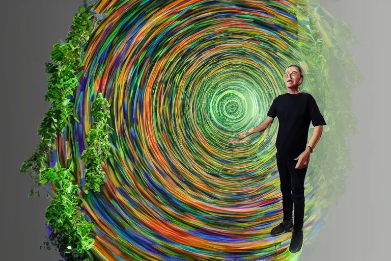 Image similar to guy standing in spinning portal where he can see himself in the future, trippy, weird, colorful, artstation, realistic, climbing plants