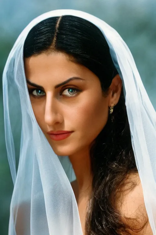 Image similar to young Monica Belluci as an Arab woman, tanned skintone, bright blue eyes, white transparent veil, headscarf, light blue long sleeves dress, closeup portrait, focus face