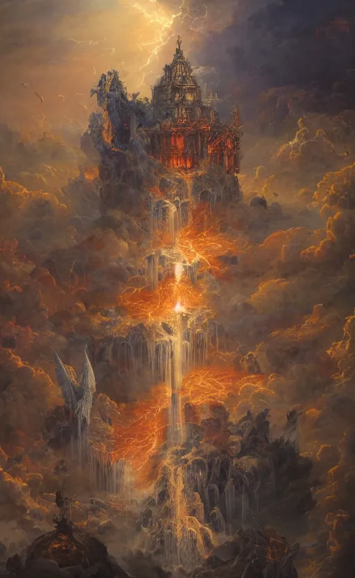 Prompt: bird's eye view from a tower, epic war between demons and angels, gigantic cosmic lord, baroque architecture, massive waterfall, lightning, fire, detailed, vivid colors, god rays, masterpiece painting, octane render, volumetric lighting, cinematic, by gustave dore, by michelangelo, by peter mohrbacher
