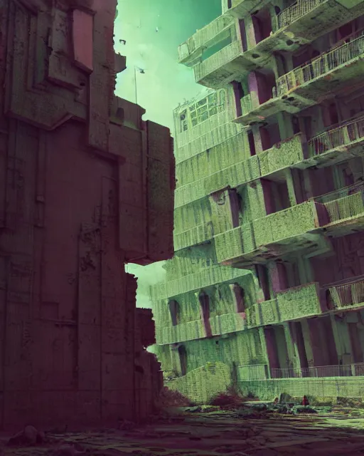 Image similar to hyperrealistic 3d render highly detailed exoskeleton baroque mecha iridescent pink brutalist city ruins background concept art octane santiago caruso de chirico sharp very dramatic green light 8k low angle shallow depth of field