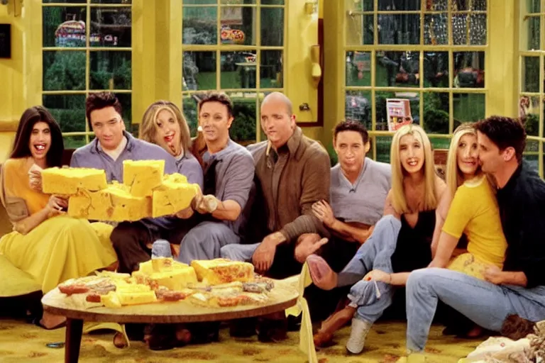 Prompt: the episode of Friends where everyone gets covered in vermont yellow cheese