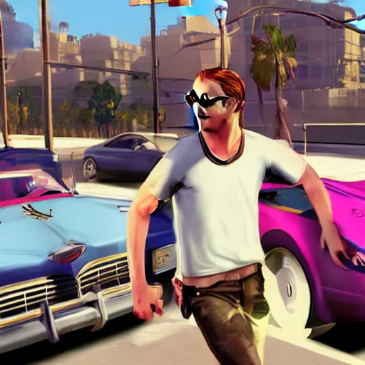 Prompt: gta v covert art by stephen bliss of ryan gosling wearing aviator sunglesses near a pink convertible car