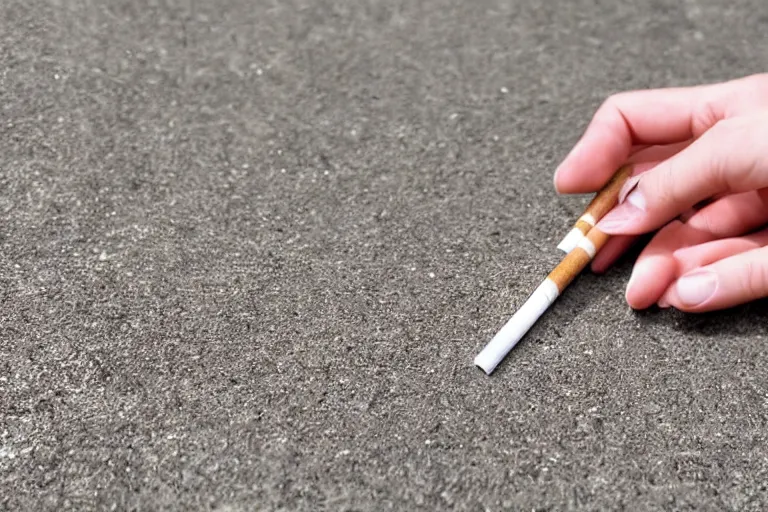 Prompt: Close-up of cigarette in five fingers, thin soft hand holding cigarette, hyper realistic, photographic style