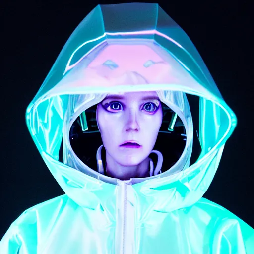 Image similar to an ultra high definition professional studio quality photograph of an artificially intelligent cyberpunk art influencer wearing a transparent iridescent pastel coloured face visor and matching squid based raincoat on white coat hook in a sheer icelandic black rock environment. dramatic lighting. volumetric shadows. light rays