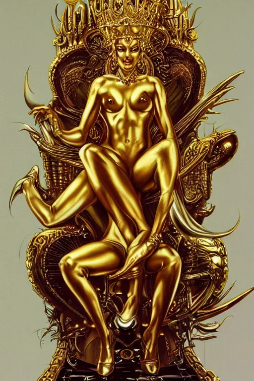 Prompt: airbrush painting of an amazing golden queen seated over a fantasy throne, by hajime sorayama and boris vallejo, realistic, hyperdetailed, centered, magic, trending on artstation,