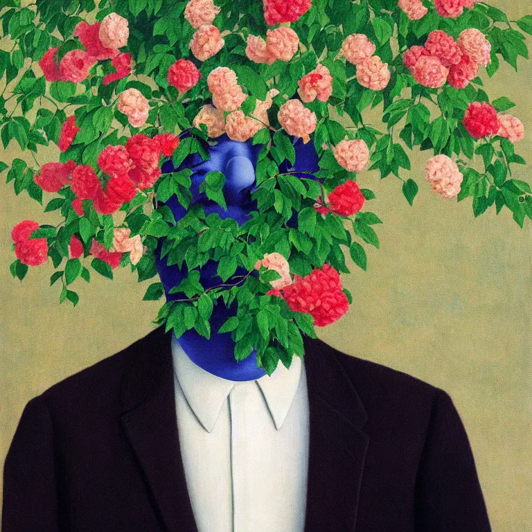 Image similar to portrait of a man, face hidden by beautiful flowers, by rene magritte, detailed painting, hd, hq, high resolution, high detail, 4 k, 8 k