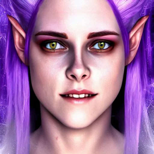 Prompt: Purple skinned Kristen Stewart as a smiling Elf wizard with white hair. majestic purple skin, Photorealistic digital art trending on artstation, artgem, 4k HD.