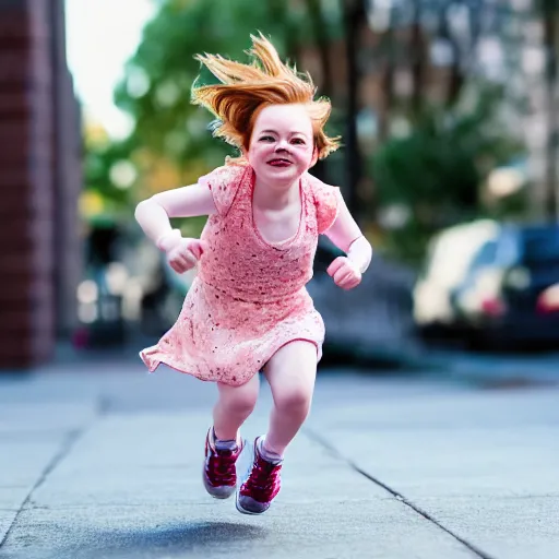 Image similar to portrait of midget emma stone running down a sidewalk, sharp focus, 4 k editorial photograph, soft lighting