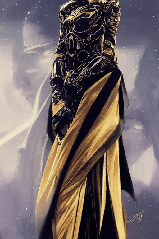 Image similar to Photorealistic illustration, 3/4 view of Korean fashion model in Star Wars sith black and gold robes, sci-fi, futuristic, intricate, elegant, highly detailed, digital painting, artstation, concept art, smooth, sharp focus, art by artgerm, greg rutkowski and alphonse mucha