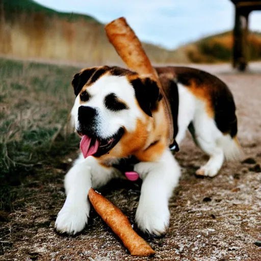 Image similar to san bernardo dog eating a baguette, photography