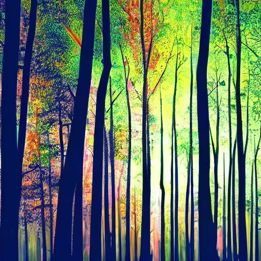 Prompt: a dark forest with shafts of colorful light