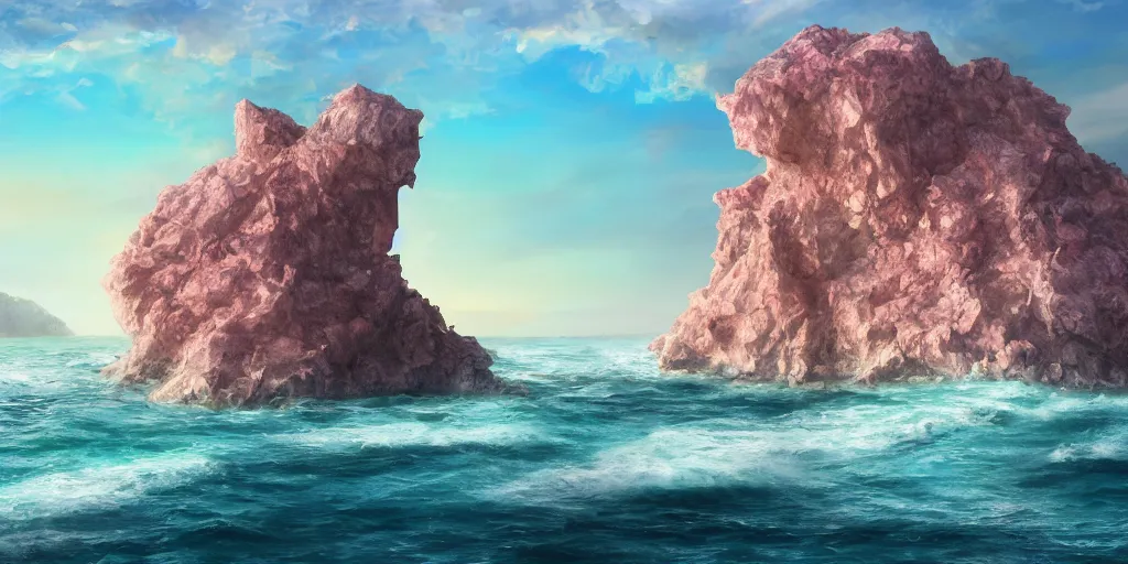 Image similar to sheer rugged crystal rose coloured quartz cliff, viewed from the ocean, illustration, bright sunlight, sun glints, sunrays, digital art, hyperrealistic, oil painting, fantasy, 8 k, trending on artstation, detailed