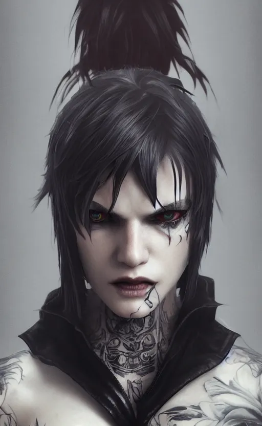 Prompt: V from Devil May Cry as an elf, black hair, tattoos, close up portrait by loish and WLOP, octane render, dynamic lighting, asymmetrical portrait, high key detailed, dark fantasy, trending on ArtStation