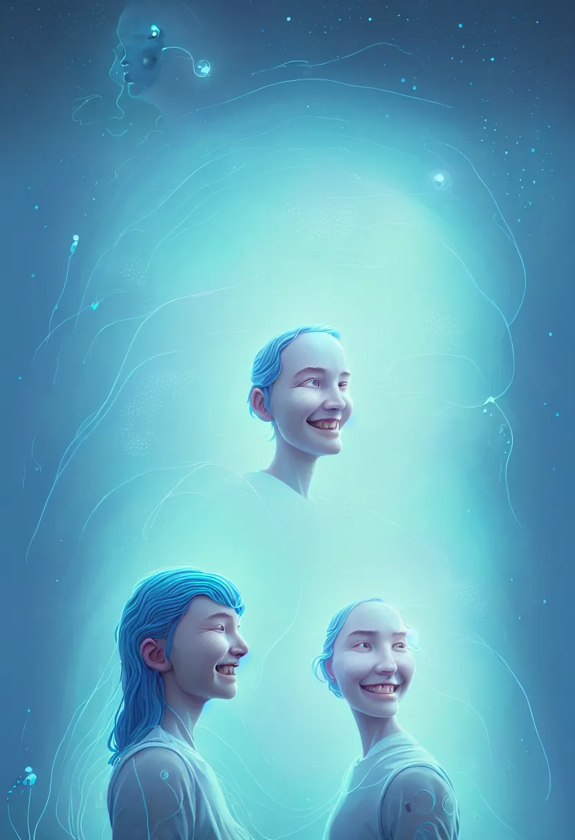 Image similar to young woman smiling in etheric hypothalamus of her mind, in a light blue color palette of cosmic spring, flowing, intricate, beautiful render, award winning photography, by simon stalenhag and wlop and artgerm, beautiful illustration