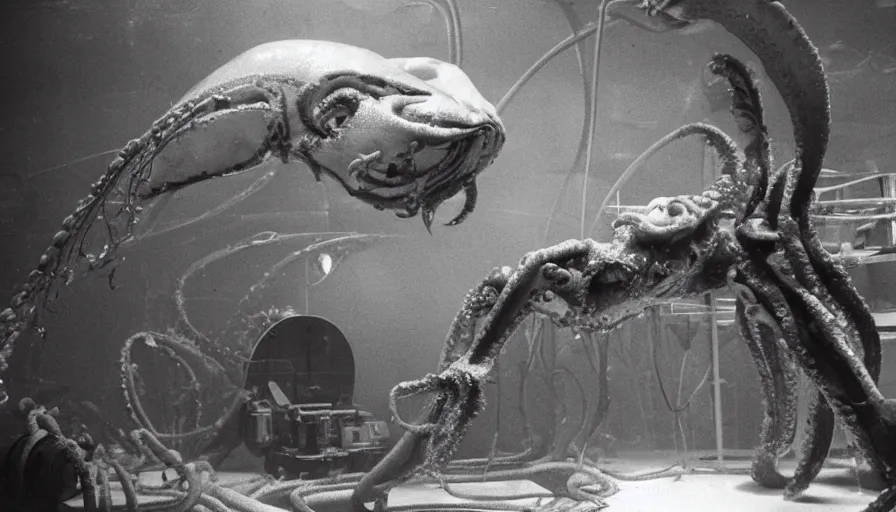 Prompt: Big budget horror movie set in an undersea biolab run by cyborgs, where a giant squid is injected with radioactive serum