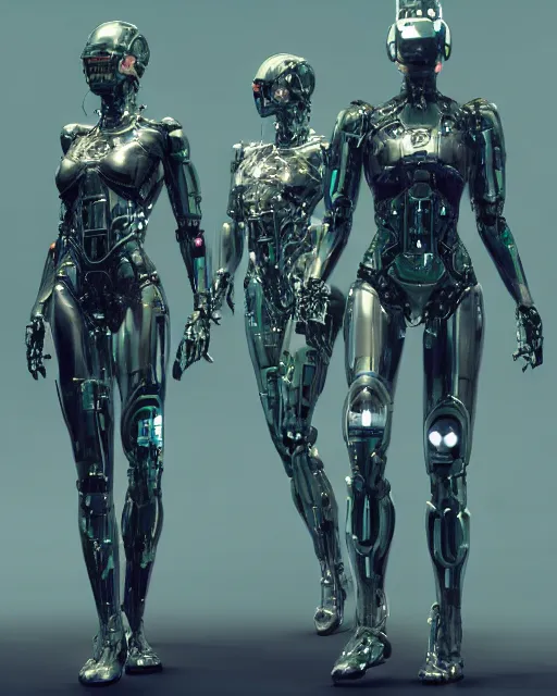 Image similar to cyborg cybersuits goddesses, microchip, artificial intelligence, bio-mechanical bio-luminescence, neurons, nerve cells, octane render, cinematic, rim light, hyper realism, high detail, masterpiece, high fashion