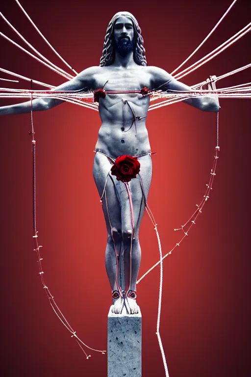 Image similar to a statue jesus on cross made of red marble with wires, tubes, veins, flowers, birds, perfect symmetrical body, full body shot, inflateble shapes, white biomechanicaldetails, wearing epic bionic cyborg implants, masterpiece, intricate, biopunk, vogue, highly detailed, artstation, concept art, cyberpunk, octane render