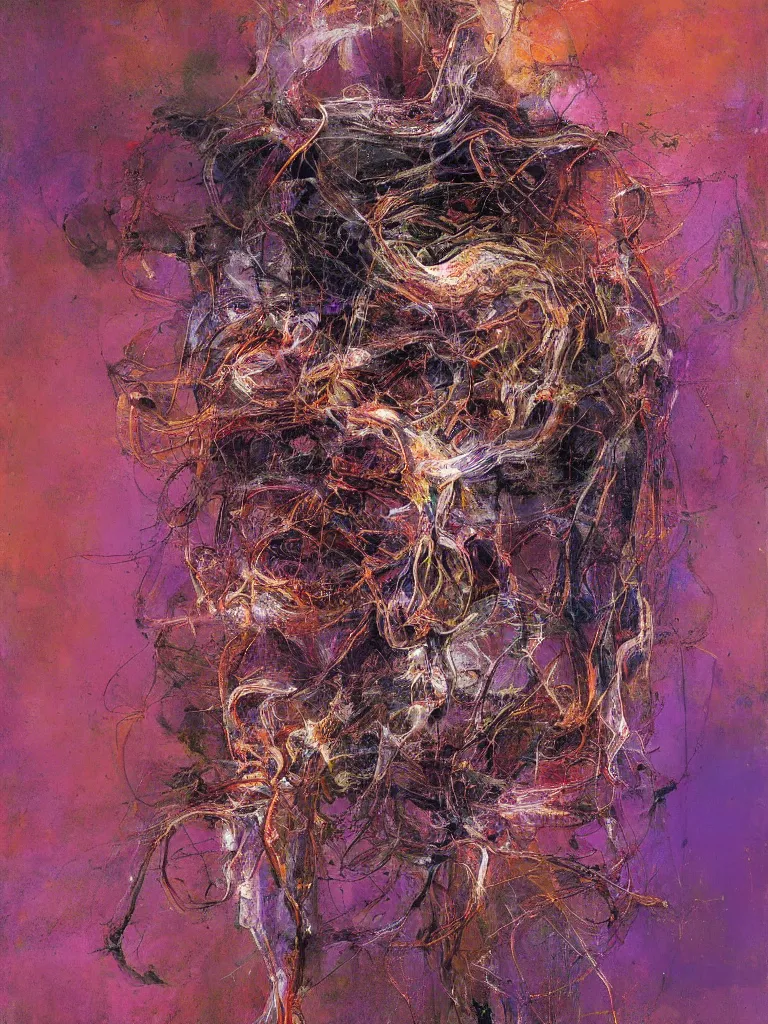Image similar to a beautiful abstract painting by ramon chirinos of a glitched human nervous system, color bleeding, pixel sorting, copper oxide material, brushstrokes by jeremy mann, studio lighting, pastel purple background, square shapes