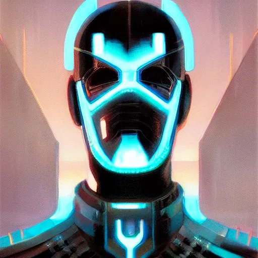 Prompt: tron as a realistic scifi cyberpunk knight, closeup portrait art by donato giancola and greg rutkowski, realistic face, digital art, trending on artstation, symmetry!!!