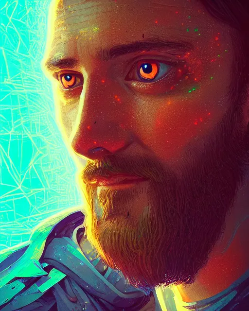 Image similar to portrait of jesus with neon cute giant eyes, intricate abstract. intricate artwork, by tooth wu, wlop, beeple, dan mumford. concept art, octane render, trending on artstation, greg rutkowski very coherent symmetrical artwork. cinematic, key art, hyper realism, high detail, octane render, 8 k, iridescent accents