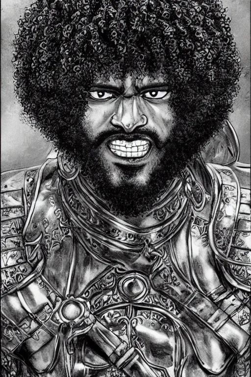 Image similar to black man with afro hair and raspy beard stubble as a knight, highly detailed, anatomically correct, black and white, manga, art by kentaro miura