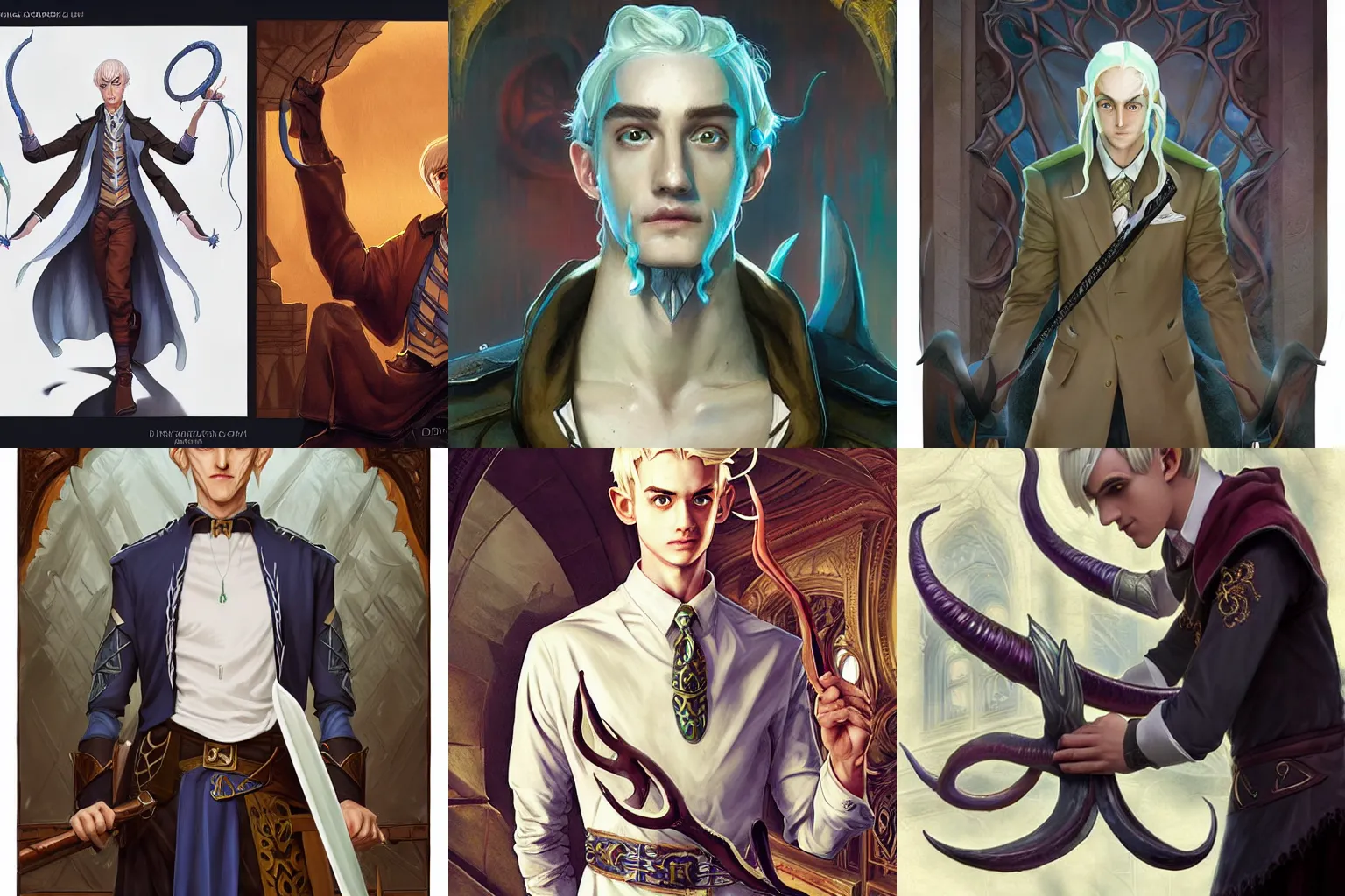 Prompt: a high elf man preppy student who performs eldritch magic, similar to Malfoy, with a squid tattoo, squid motifs, D&D, fantasy, intricate, cinematic lighting, highly detailed, digital painting, artstation, concept art, smooth, sharp focus, illustration, art by Artgerm and Greg Rutkowski and Alphonse Mucha