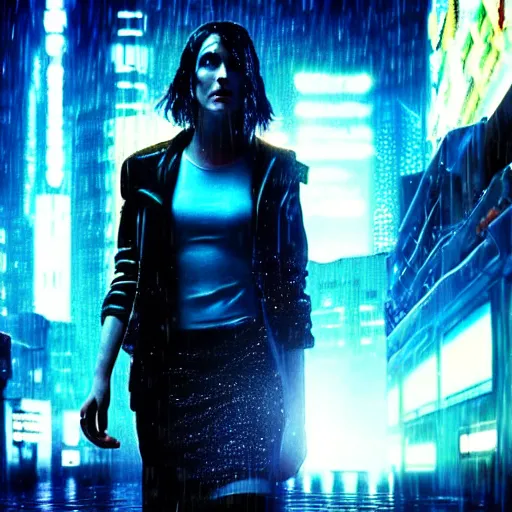 Prompt: jennifer connely starring in a cyberpunk movie in a distopic futuristic city in the style of bladerunner, movie still, highly detailed, rainy night, volumetric lights, dramatic, scifi