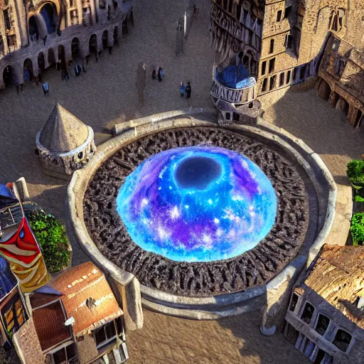 Image similar to A Giant magical gem meteorite in the middle the plaza of a medieval city, beautiful, concept art, sharp focus, highly detailed, intricate, still, photograph, fantasy, medieval, midday, day, sunny, shimmering, realistic, 8k, award winning, trending on artstation, Dungeons and dragons, tabletop, in the style of Wizards of the coast