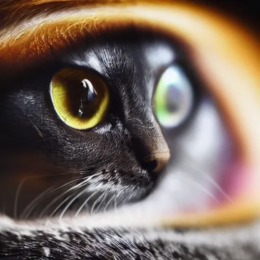 Image similar to Close up hyper detailed photo of a human eye with a very tiny cat crawling on it