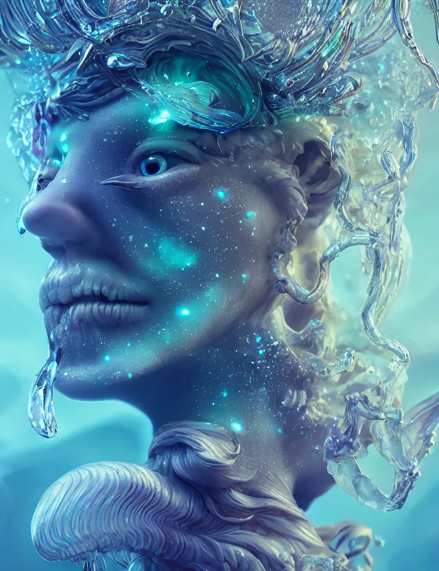 Image similar to goddess macro close - up portrait wigh crown made of ram skull. betta fish, jellyfish phoenix, bioluminiscent, plasma, ice, water, wind, creature, super intricate ornaments artwork by tooth wu and wlop and beeple and greg rutkowski